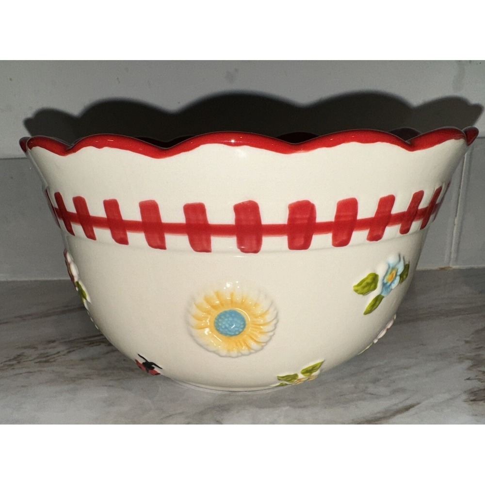 Temp-Tations Gingham Garden Lady Bug Flowers Mixing Bowl 2 Qt RARE! HTF! - Picture 5 of 6